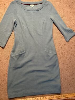 Boden 3/4 Sleeve Textured Knit Dress Blue Pockets 8 Elevated Basic Knee Length